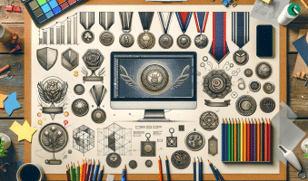 Un espacio de trabajo de diseñador mostrando el proceso de como diseñar medallas, con bocetos de medallas, un ordenador con software de diseño, herramientas como lápices y reglas, y muestras de color, rodeado de medallas terminadas en diferentes formas y colores.