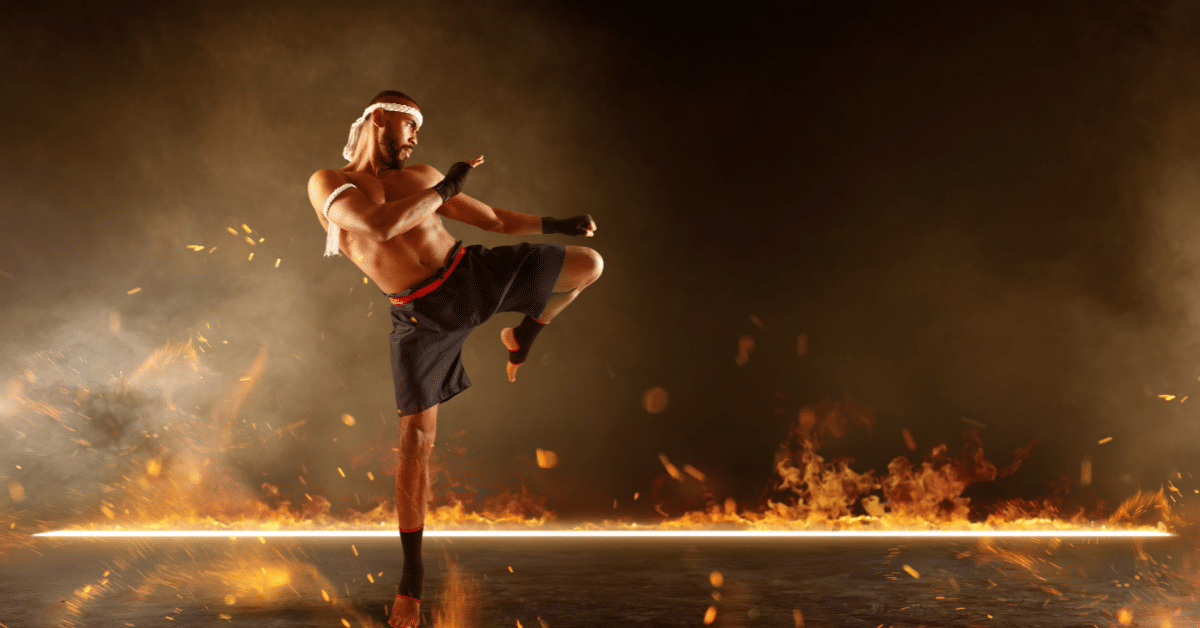 Blog post photos for muay thai medals, photo of a muay thai fighter wiith a fire background